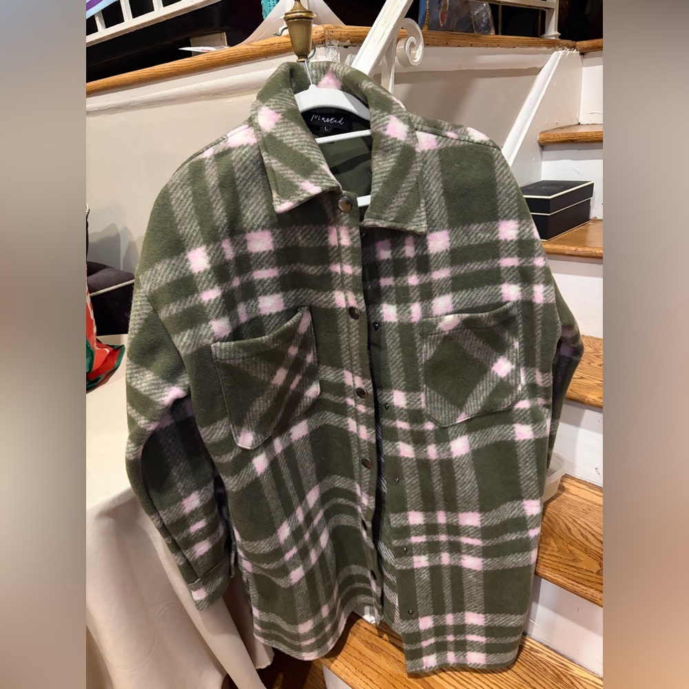 Women’s Large Marled Green and Pink Plaid Jacket